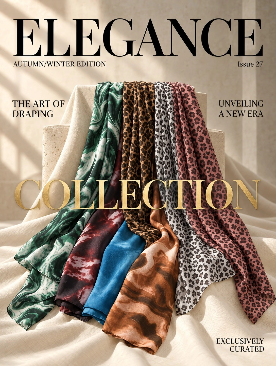 The Printed Hijabs launch: all seven marble and animal-print designs draped together